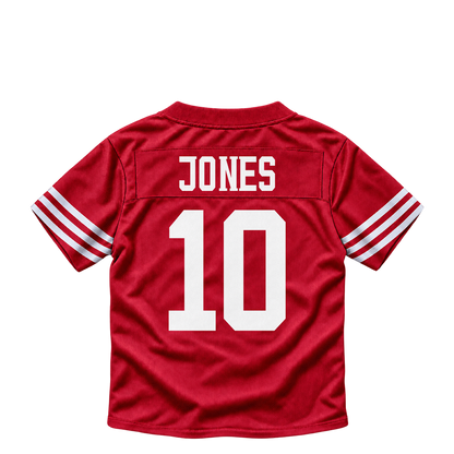 San Francisco 49ers jersey keychain — Mac Jones #10. Exact saved player artwork preview.