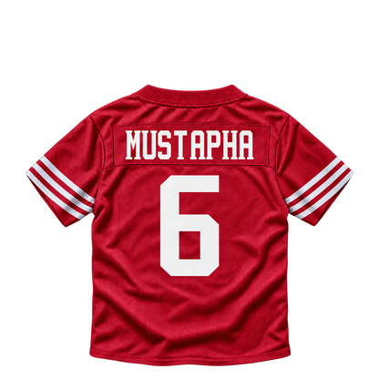 San Francisco 49ers jersey keychain — Malik Mustapha #6. Exact saved player artwork preview.