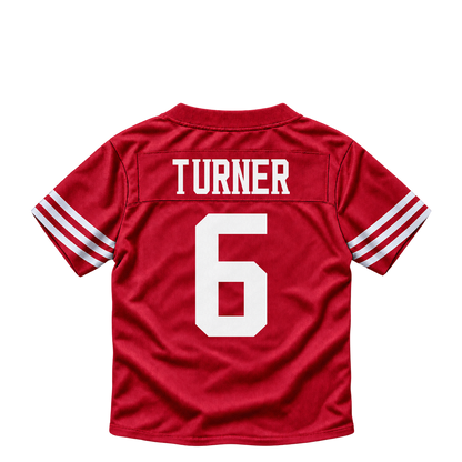 San Francisco 49ers jersey keychain — Malik Turner #6. Exact saved player artwork preview.