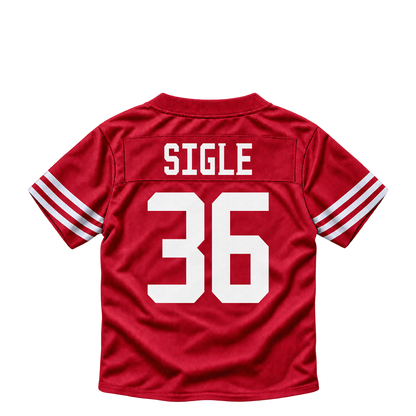 San Francisco 49ers jersey keychain — Marques Sigle #36. Exact saved player artwork preview.
