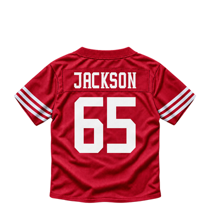 San Francisco 49ers jersey keychain — McKinnley Jackson #65. Exact saved player artwork preview.