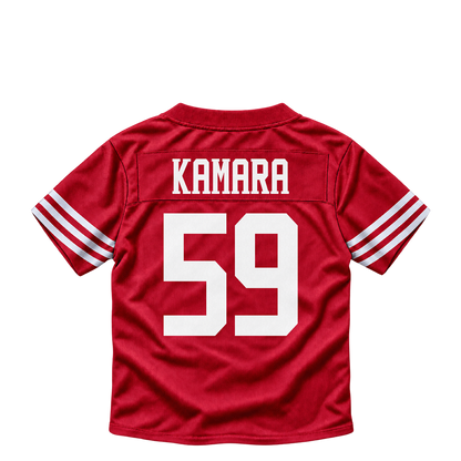 San Francisco 49ers jersey keychain — Mikail Kamara #59. Exact saved player artwork preview.