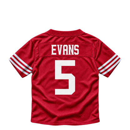 San Francisco 49ers jersey keychain — Mike Evans #5. Exact saved player artwork preview.