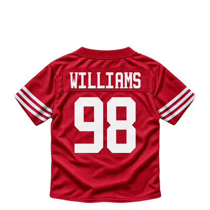 San Francisco 49ers jersey keychain — Mykel Williams #98. Exact saved player artwork preview.