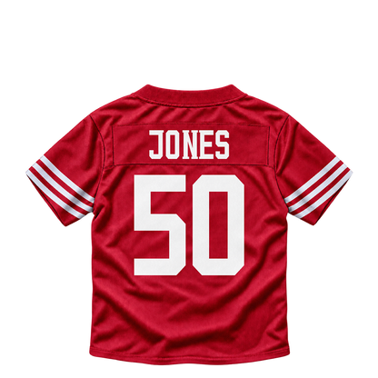 San Francisco 49ers jersey keychain — Naquan Jones #50. Exact saved player artwork preview.