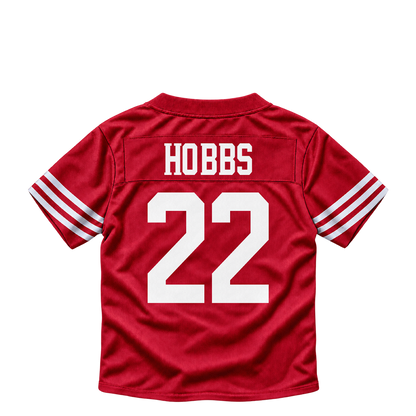 San Francisco 49ers jersey keychain — Nate Hobbs #22. Exact saved player artwork preview.