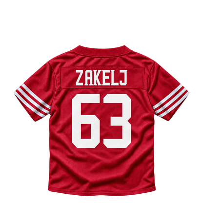 San Francisco 49ers jersey keychain — Nick Zakelj #63. Exact saved player artwork preview.