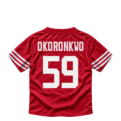 San Francisco 49ers jersey keychain — Ogbo Okoronkwo #59. Exact saved player artwork preview.