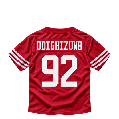 San Francisco 49ers jersey keychain — Osa Odighizuwa #92. Exact saved player artwork preview.