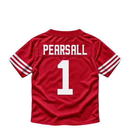 San Francisco 49ers jersey keychain — Ricky Pearsall #1. Exact saved player artwork preview.