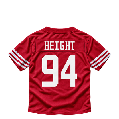 San Francisco 49ers jersey keychain — Romello Height #94. Exact saved player artwork preview.