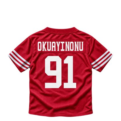 San Francisco 49ers jersey keychain — Sam Okuayinonu #91. Exact saved player artwork preview.