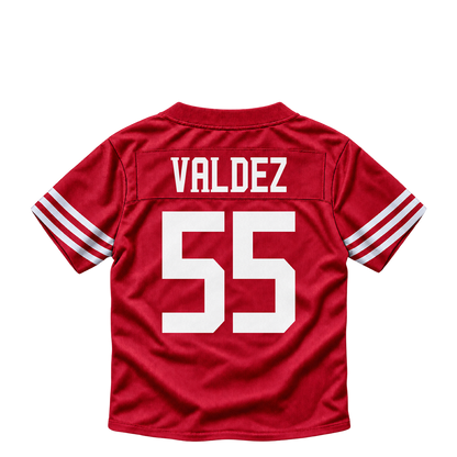 San Francisco 49ers jersey keychain — Sebastian Valdez #55. Exact saved player artwork preview.