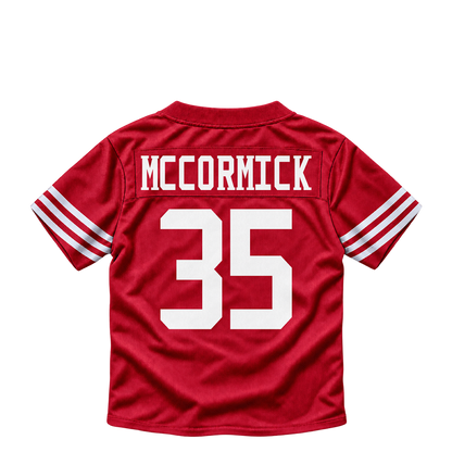 San Francisco 49ers jersey keychain — Sincere McCormick #35. Exact saved player artwork preview.