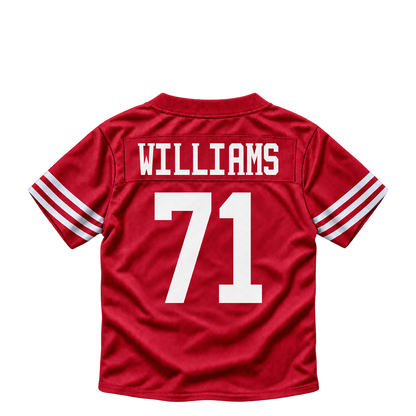 San Francisco 49ers jersey keychain — Trent Williams #71. Exact saved player artwork preview.