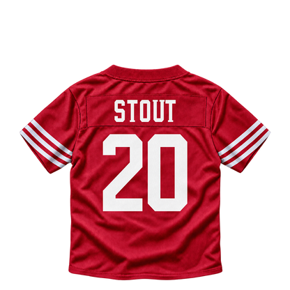 San Francisco 49ers jersey keychain — Upton Stout #20. Exact saved player artwork preview.