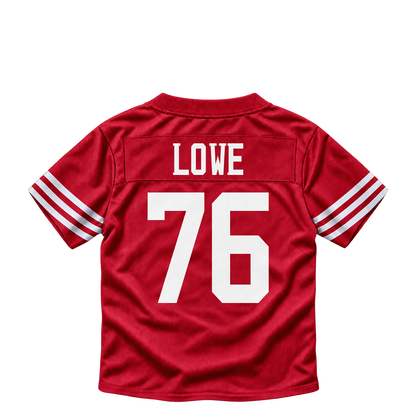 San Francisco 49ers jersey keychain — Vederian Lowe #76. Exact saved player artwork preview.