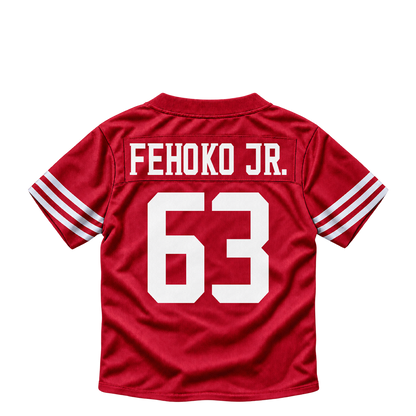 San Francisco 49ers jersey keychain — Viliami Fehoko Jr. #63. Exact saved player artwork preview.