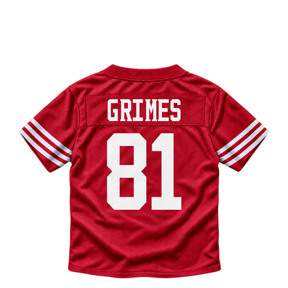 San Francisco 49ers jersey keychain — Wesley Grimes #81. Exact saved player artwork preview.