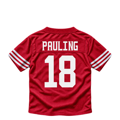 San Francisco 49ers jersey keychain — Will Pauling #18. Exact saved player artwork preview.