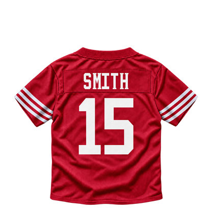 San Francisco 49ers jersey keychain — Xavier Smith #15. Exact saved player artwork preview.