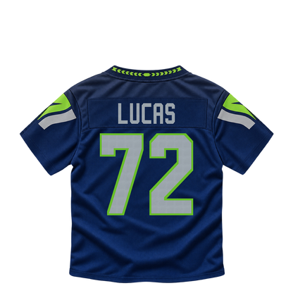 Seattle Seahawks jersey keychain — Abraham Lucas #72. Exact saved player artwork preview.