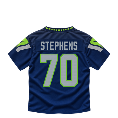 Seattle Seahawks jersey keychain — Beau Stephens #70. Exact saved player artwork preview.