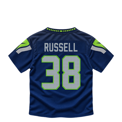 Seattle Seahawks jersey keychain — Brady Russell #38. Exact saved player artwork preview.