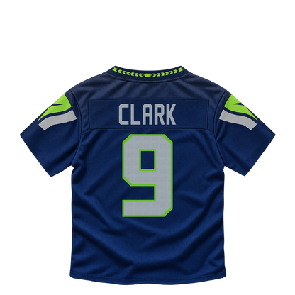 Seattle Seahawks jersey keychain — Bud Clark #9. Exact saved player artwork preview.