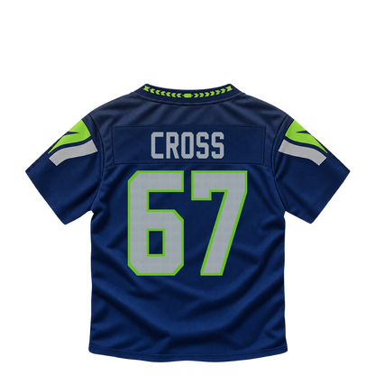 Seattle Seahawks jersey keychain — Charles Cross #67. Exact saved player artwork preview.