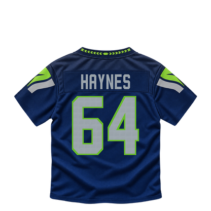 Seattle Seahawks jersey keychain — Christian Haynes #64. Exact saved player artwork preview.