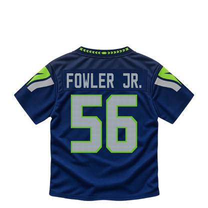 Seattle Seahawks jersey keychain — Dante Fowler Jr. #56. Exact saved player artwork preview.
