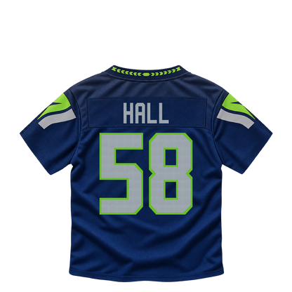 Seattle Seahawks jersey keychain — Derick Hall #58. Exact saved player artwork preview.
