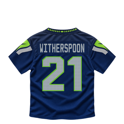 Seattle Seahawks jersey keychain — Devon Witherspoon #21. Exact saved player artwork preview.