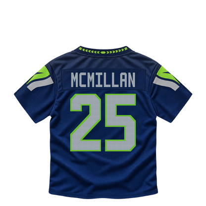 Seattle Seahawks jersey keychain — Dontae McMillan #25. Exact saved player artwork preview.