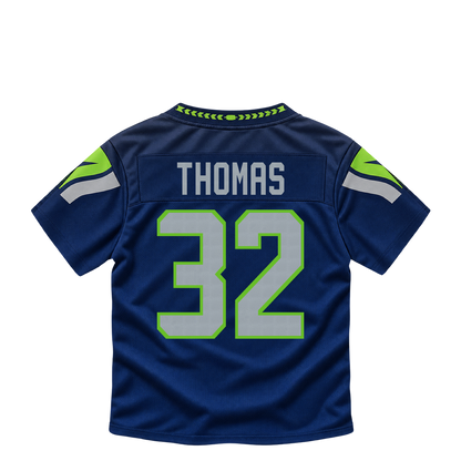 Seattle Seahawks jersey keychain — Drake Thomas #32. Exact saved player artwork preview.