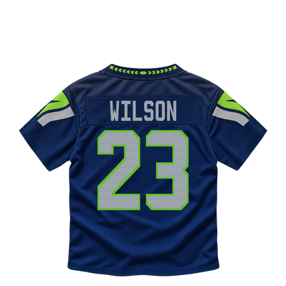 Seattle Seahawks jersey keychain — Emanuel Wilson #23. Exact saved player artwork preview.