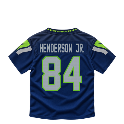 Seattle Seahawks jersey keychain — Emmanuel Henderson Jr. #84. Exact saved player artwork preview.