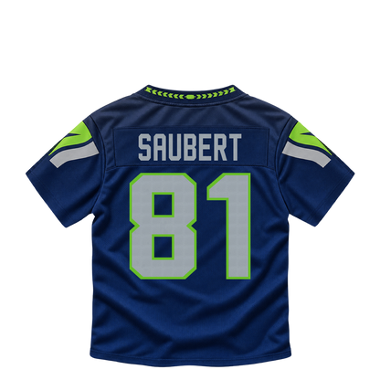 Seattle Seahawks jersey keychain — Eric Saubert #81. Exact saved player artwork preview.
