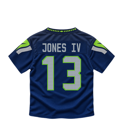 Seattle Seahawks jersey keychain — Ernest Jones IV #13. Exact saved player artwork preview.