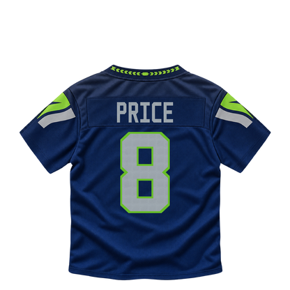 Seattle Seahawks jersey keychain — Jadarian Price #8. Exact saved player artwork preview.