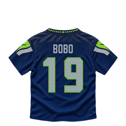 Seattle Seahawks jersey keychain — Jake Bobo #19. Exact saved player artwork preview.