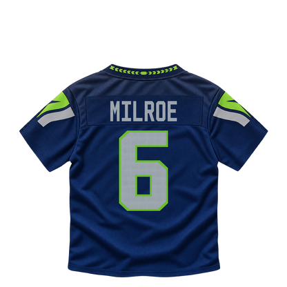 Seattle Seahawks jersey keychain — Jalen Milroe #6. Exact saved player artwork preview.
