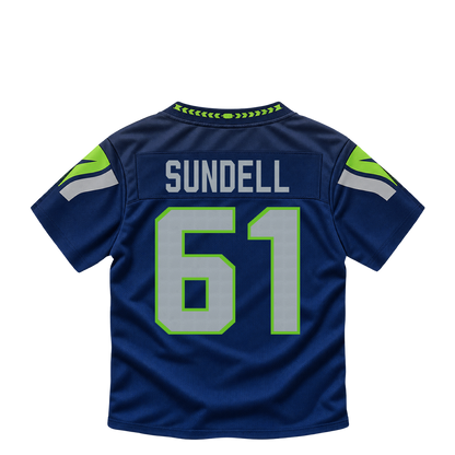 Seattle Seahawks jersey keychain — Jalen Sundell #61. Exact saved player artwork preview.