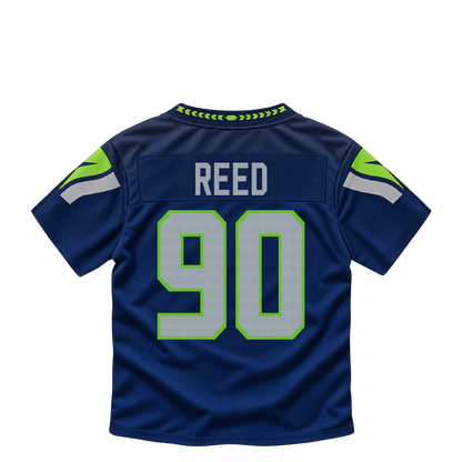 Seattle Seahawks jersey keychain — Jarran Reed #90. Exact saved player artwork preview.