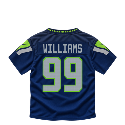 Seattle Seahawks jersey keychain — Leonard Williams #99. Exact saved player artwork preview.