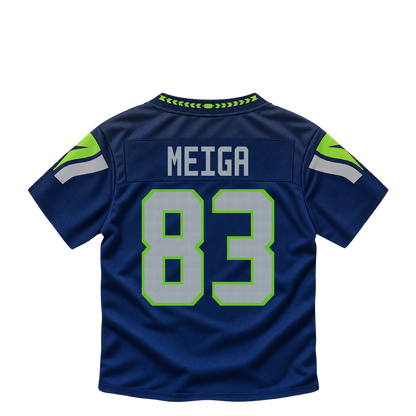 Seattle Seahawks jersey keychain — Malick Meiga #83. Exact saved player artwork preview.