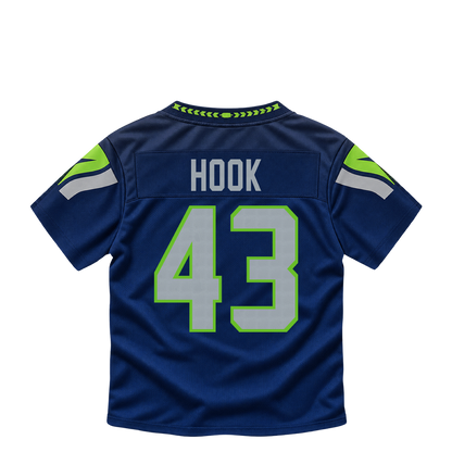Seattle Seahawks jersey keychain — Maxen Hook #43. Exact saved player artwork preview.