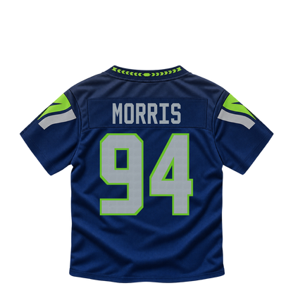 Seattle Seahawks jersey keychain — Mike Morris #94. Exact saved player artwork preview.