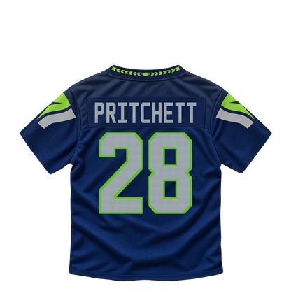 Seattle Seahawks jersey keychain — Nehemiah Pritchett #28. Exact saved player artwork preview.